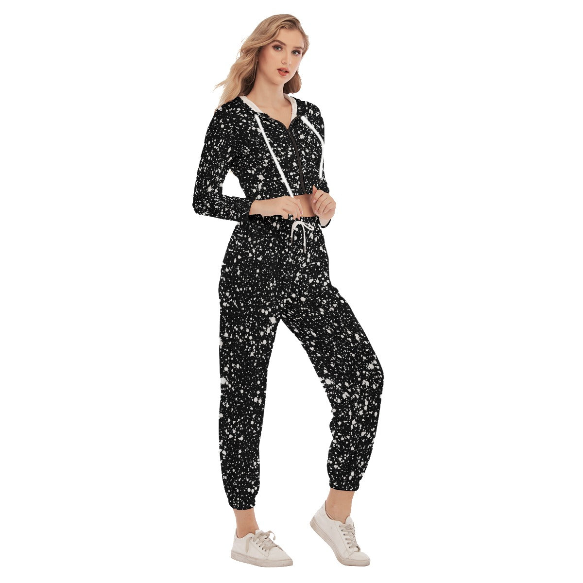 Black With White Ink Splashes & Blots Women's Crop Hoodie Sports Sets