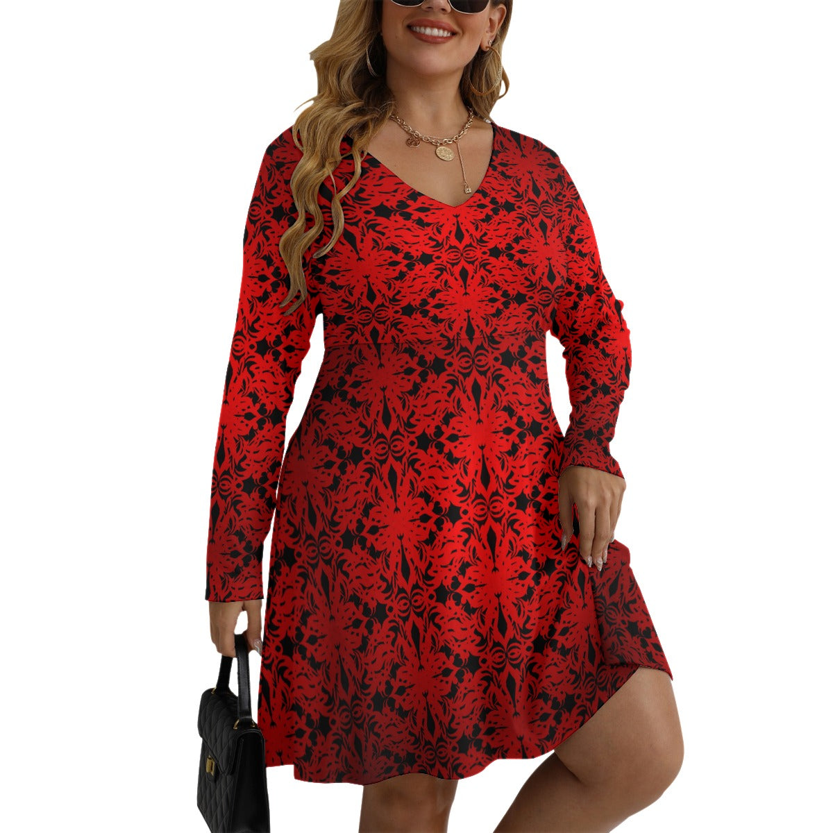 Royalty Made Red & Black Women's V-neck Long Sleeve Dress (Plus Size)