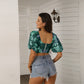 Beautiful Teal Flowers Women's Square Collar Cropped Top With Puff Sleeve