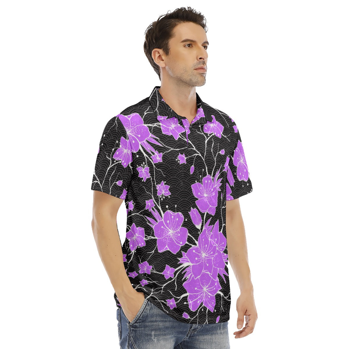 Japanese Style Flowers Men's Polo Shirt | Velvet