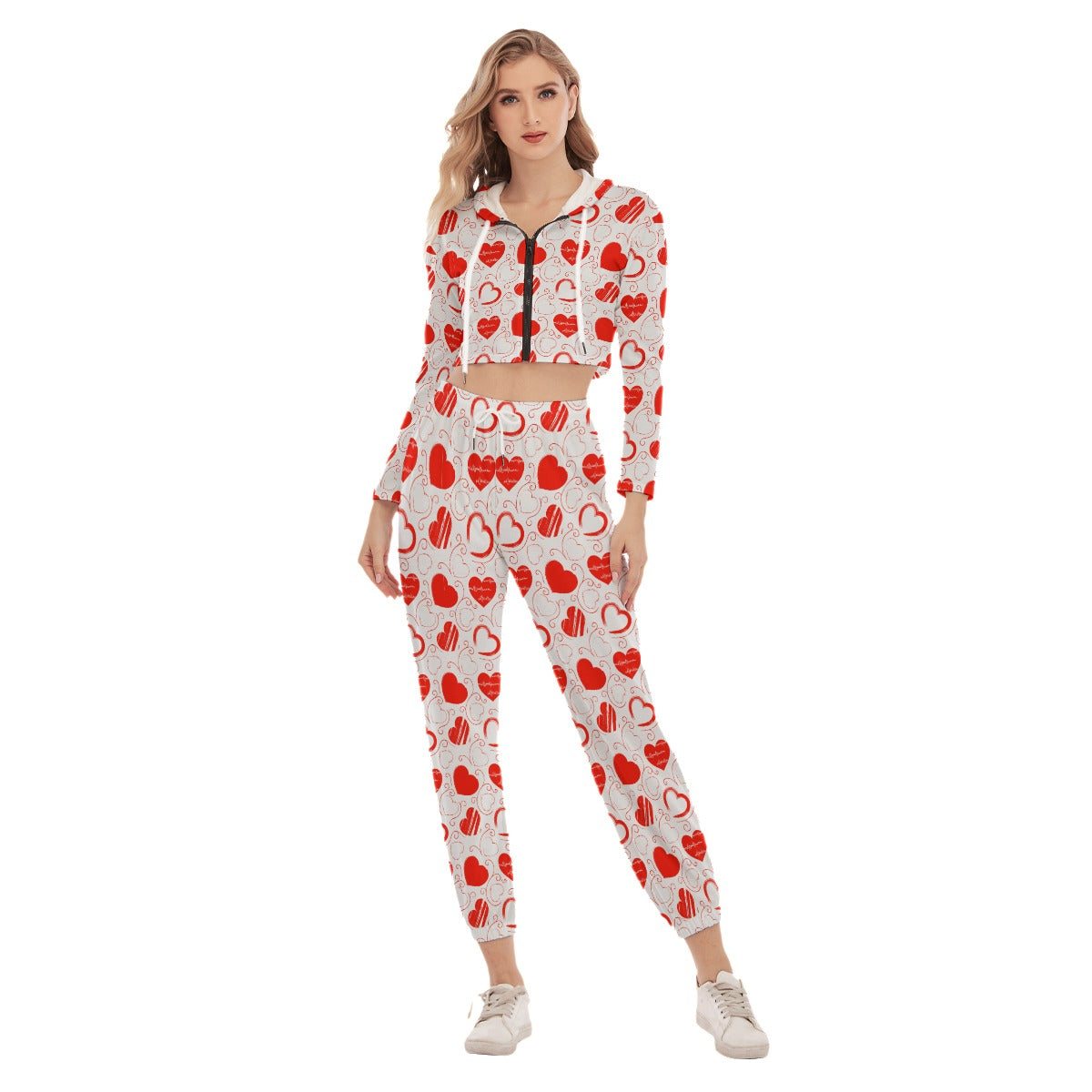 Cute Red Hearts Women's Crop Hoodie Sports Sets