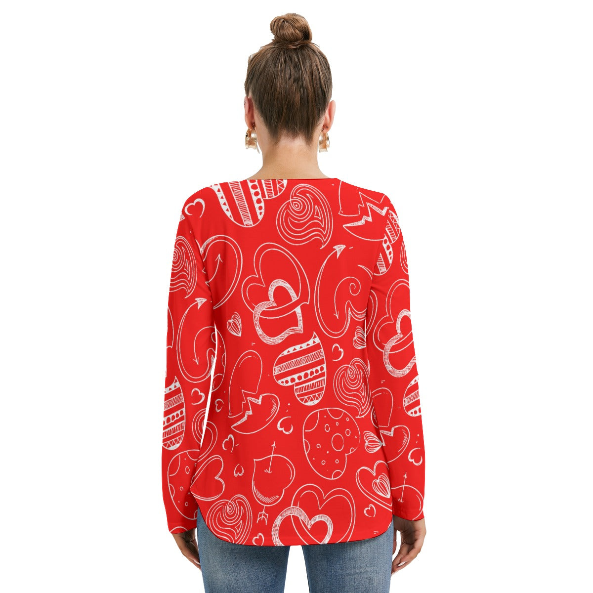 Red With White Doodle Hearts Women's Long Sleeve Neckline Tie Sweatshirt