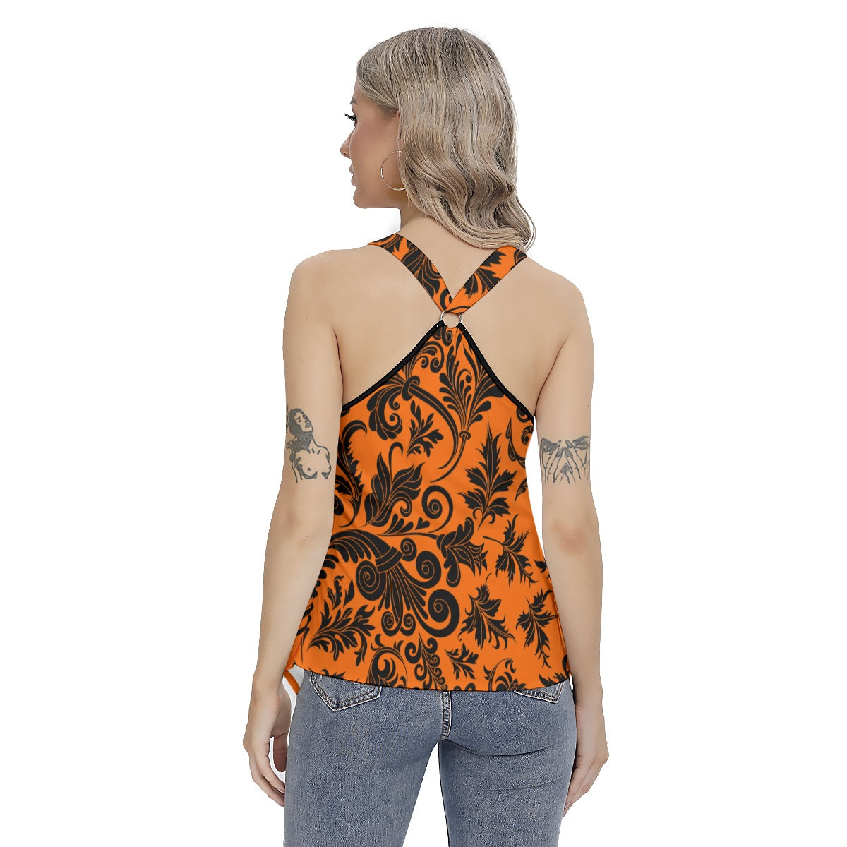 Elegant Orange With Black Flowers Women's Skinny Sport Tank Top