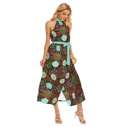 Beautiful Fashionable Roses Women's Wrap Hem Belted Halter Dress