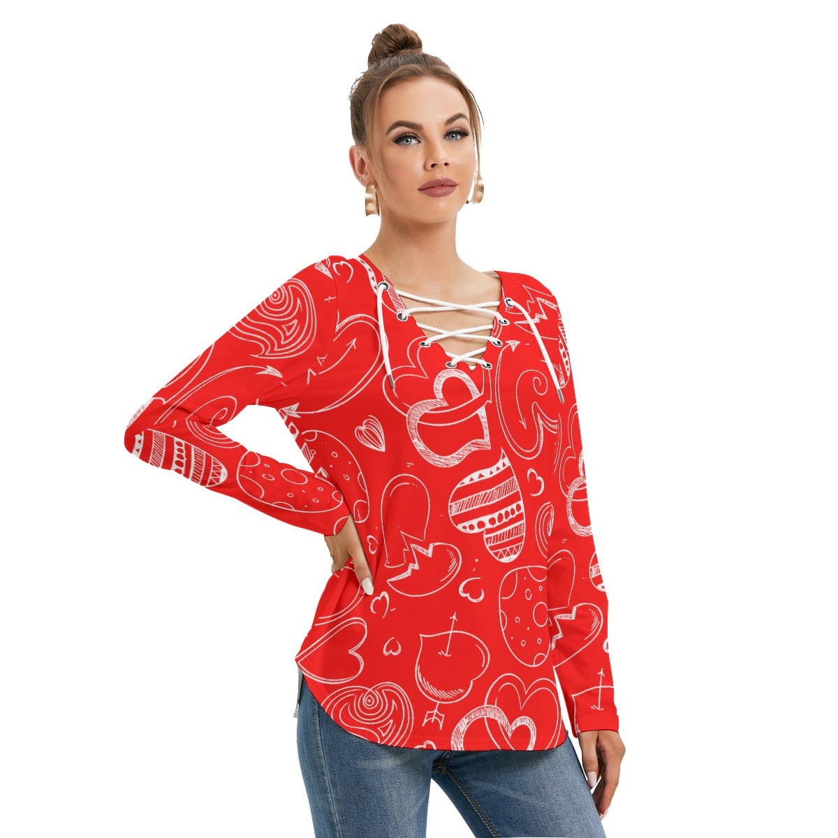 Red With White Doodle Hearts Women's Long Sleeve Neckline Tie Sweatshirt