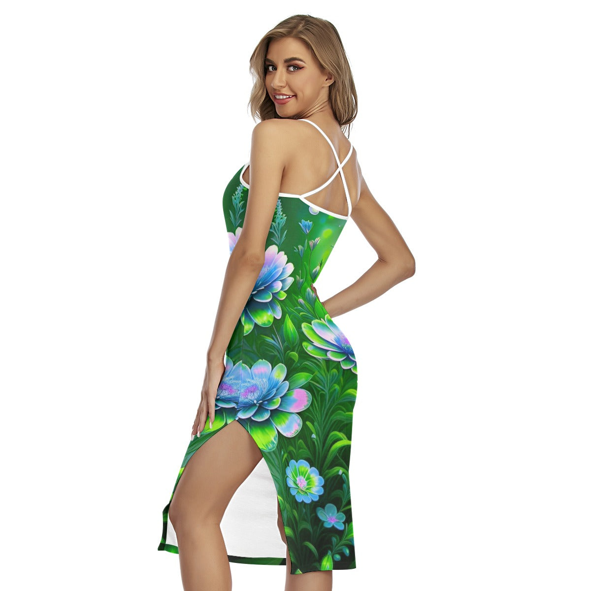 Women's Colorful Flowers Back Cross Cami Dress