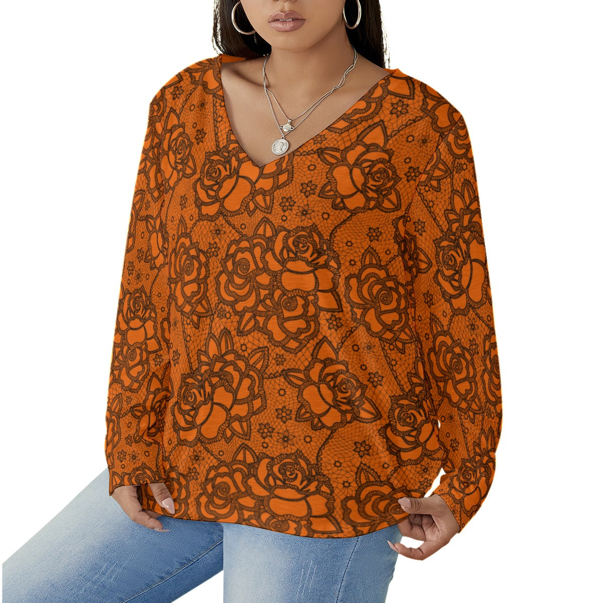 Women's Orange Lace Style Roses V-neck T-shirt With Curved Hem(Plus Size)