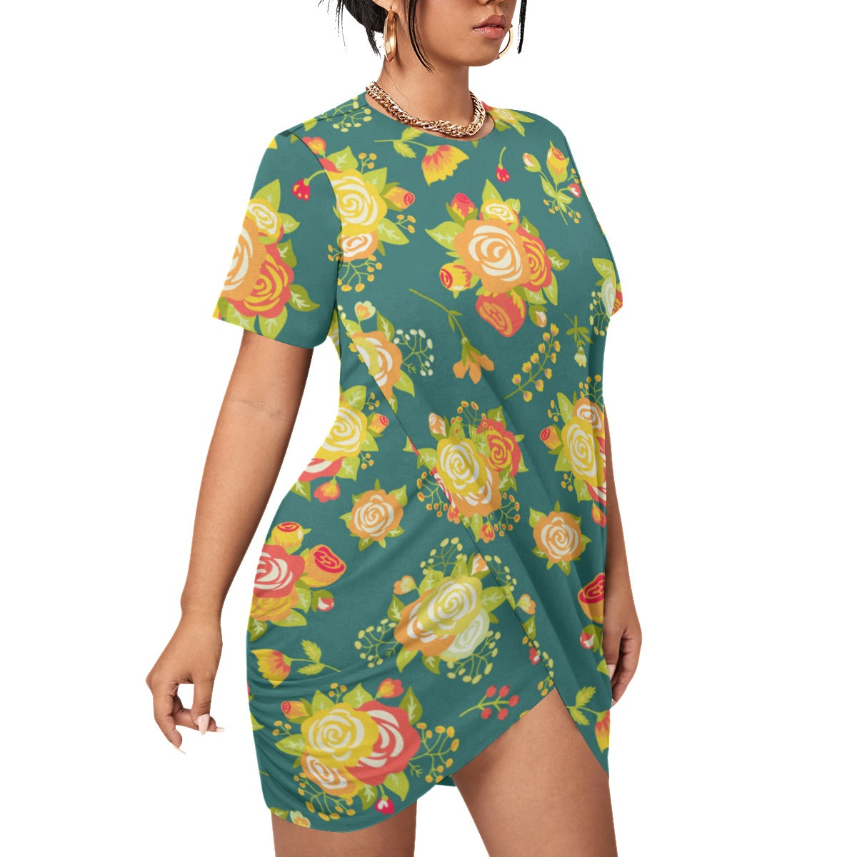 Cute Roses Women’s Stacked Hem Dress With Short Sleeve （Plus Size）