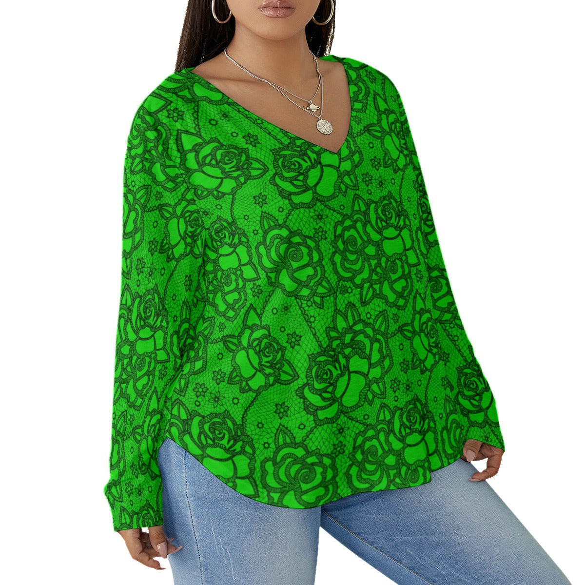 Women's Green Lace Style Roses V-neck T-shirt With Curved Hem(Plus Size)