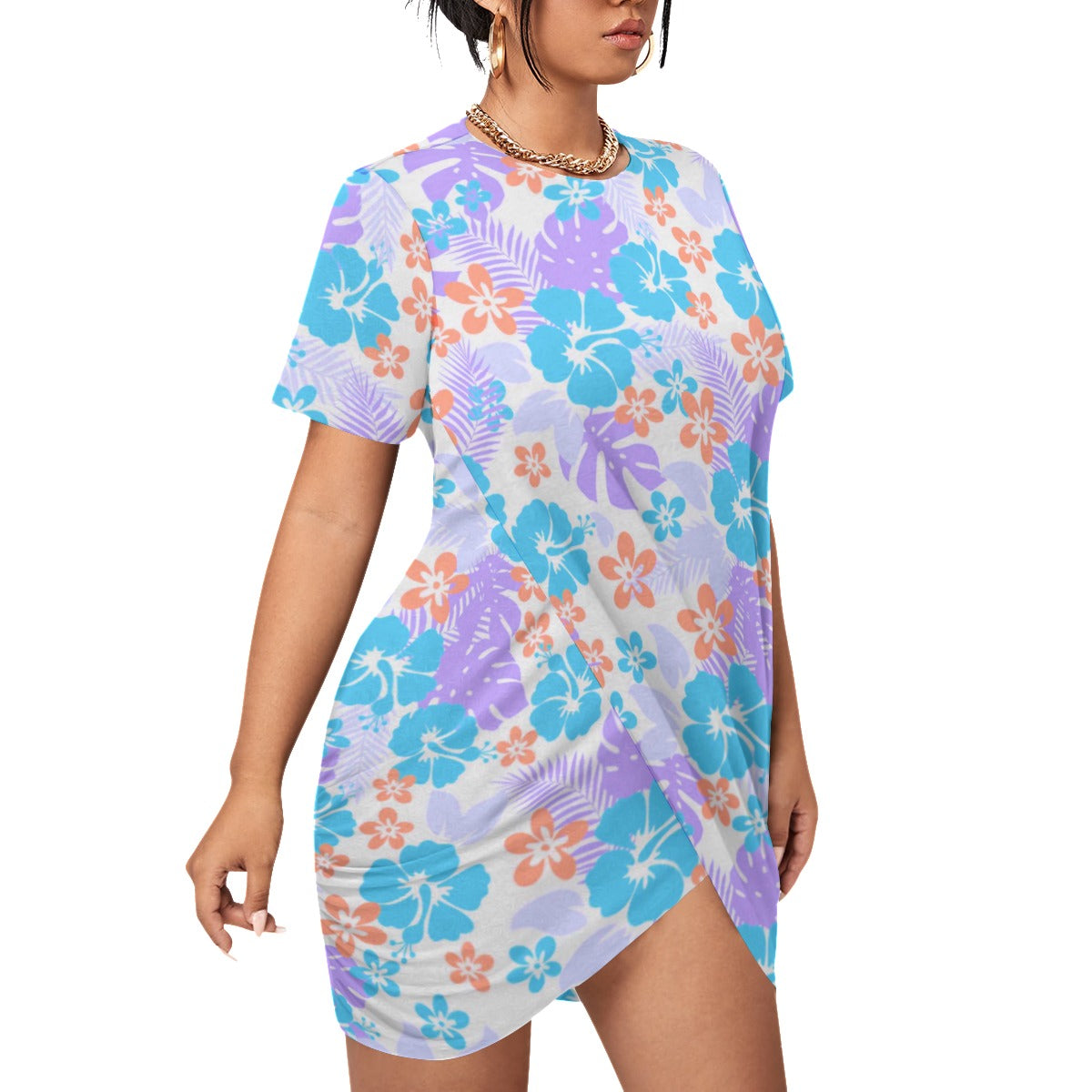 Tropical Hawaiian Flowers Women’s Stacked Hem Dress With Short Sleeve（Plus Size）