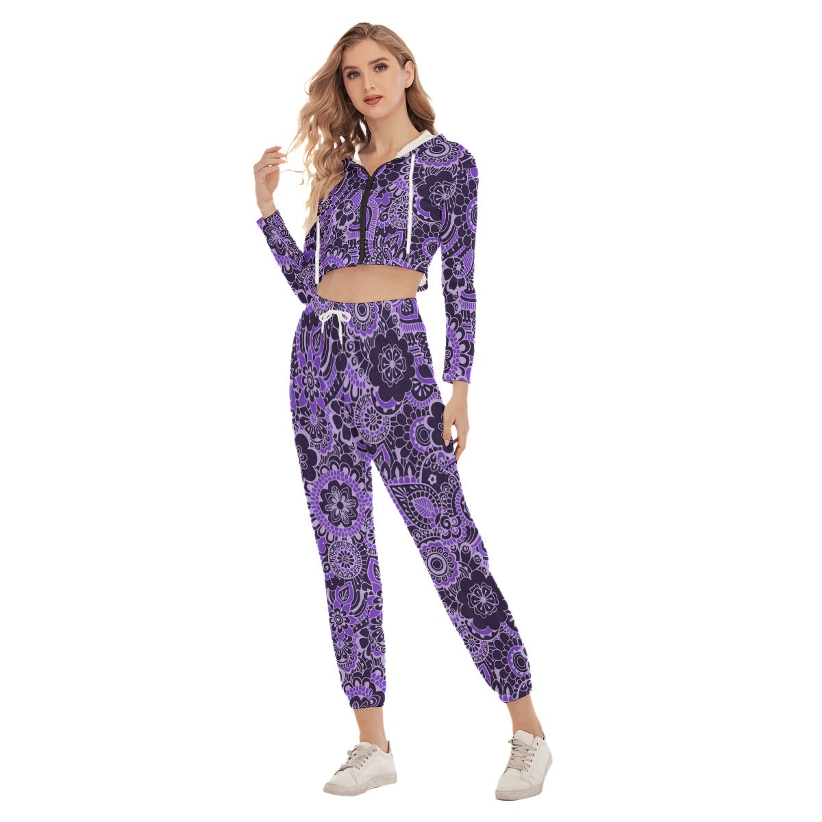 Cute Purple Flower Women's Crop Hoodie Sports Sets