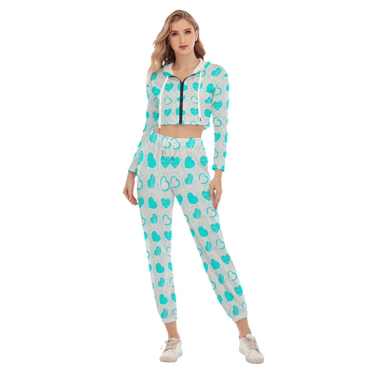 Cute Teal Hearts Women's Crop Hoodie Sports Sets