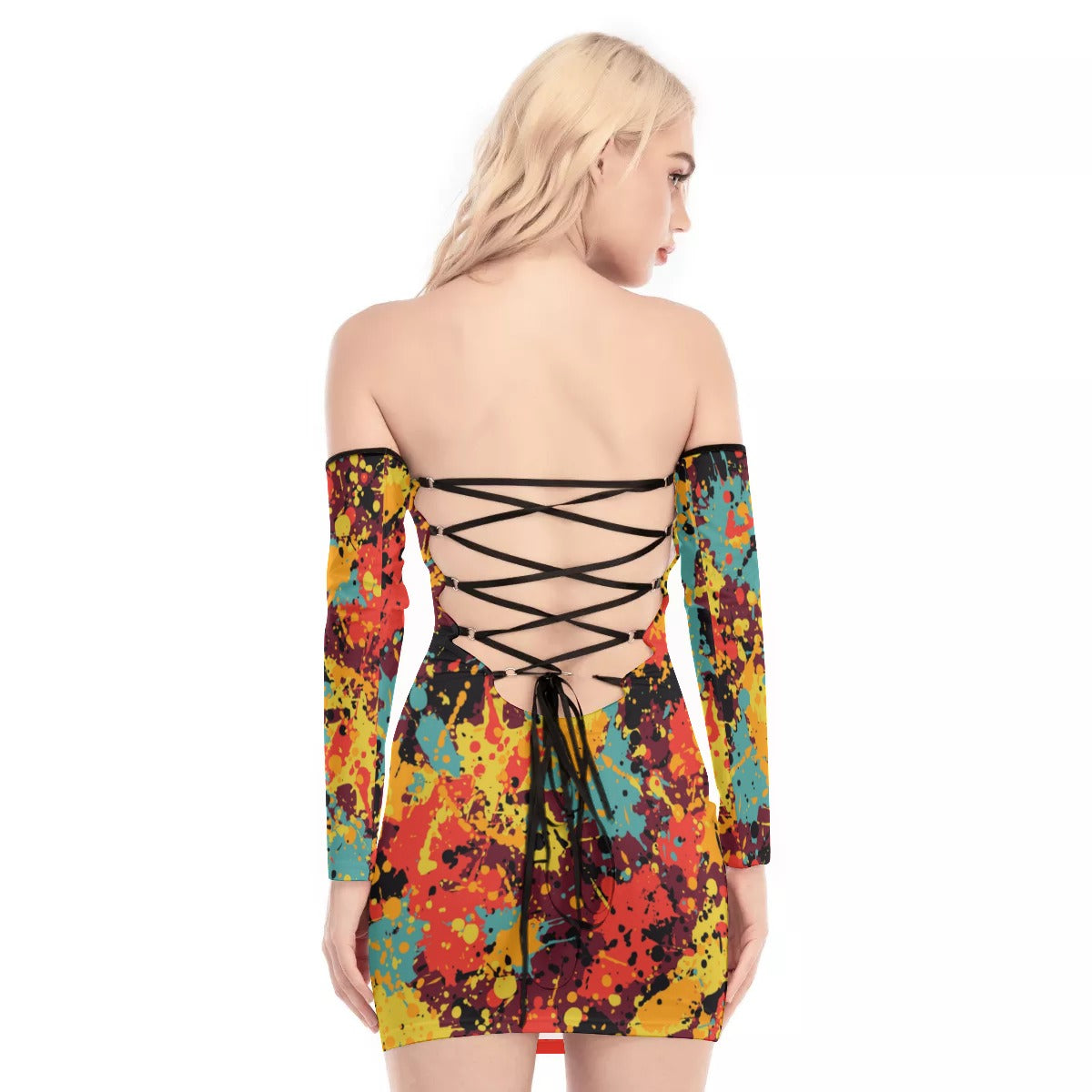 Ink Splatter Off-shoulder Back Lace-up Dress