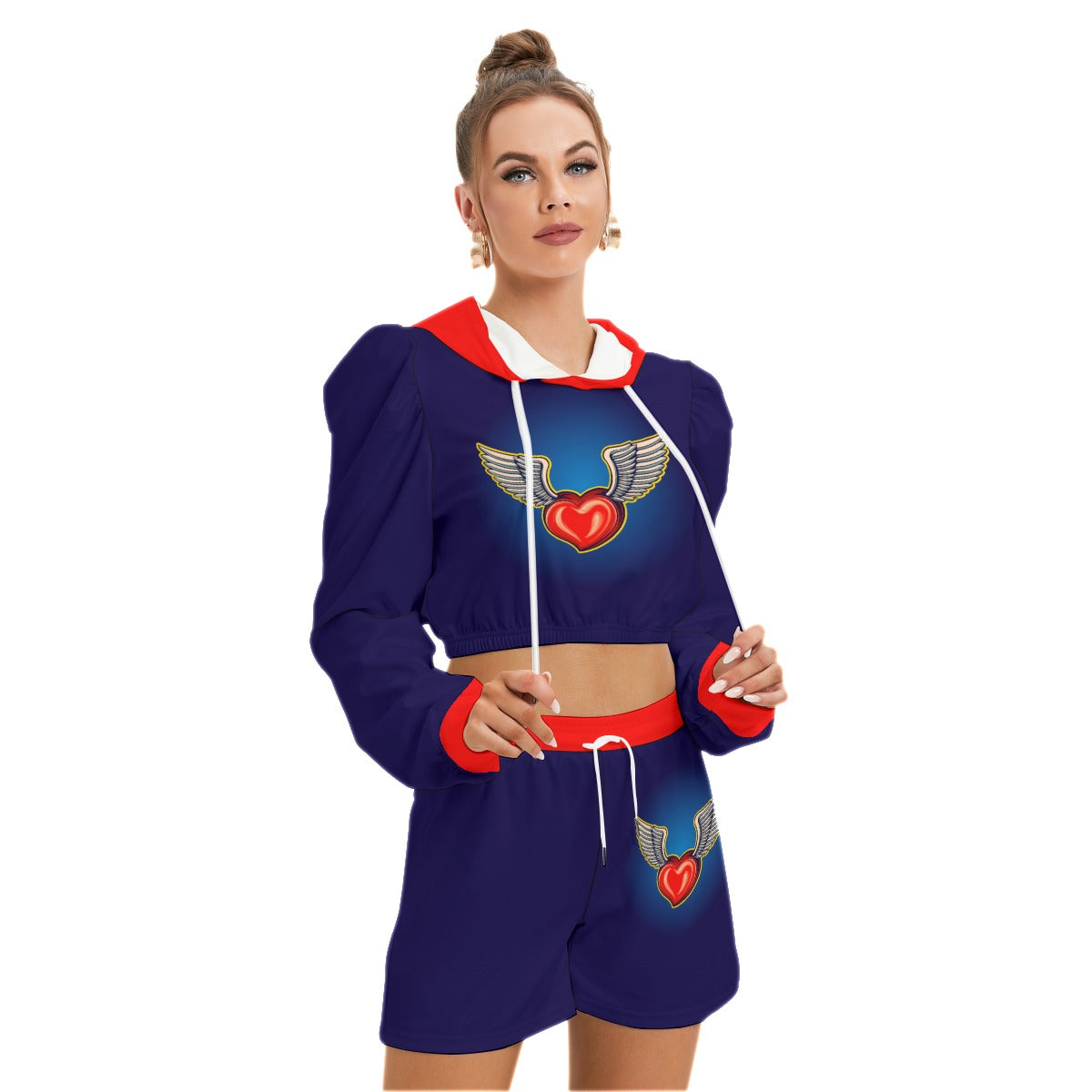 Cute Heart Love With Wings Women's Mirco Fleece Hoodie And Shorts Set