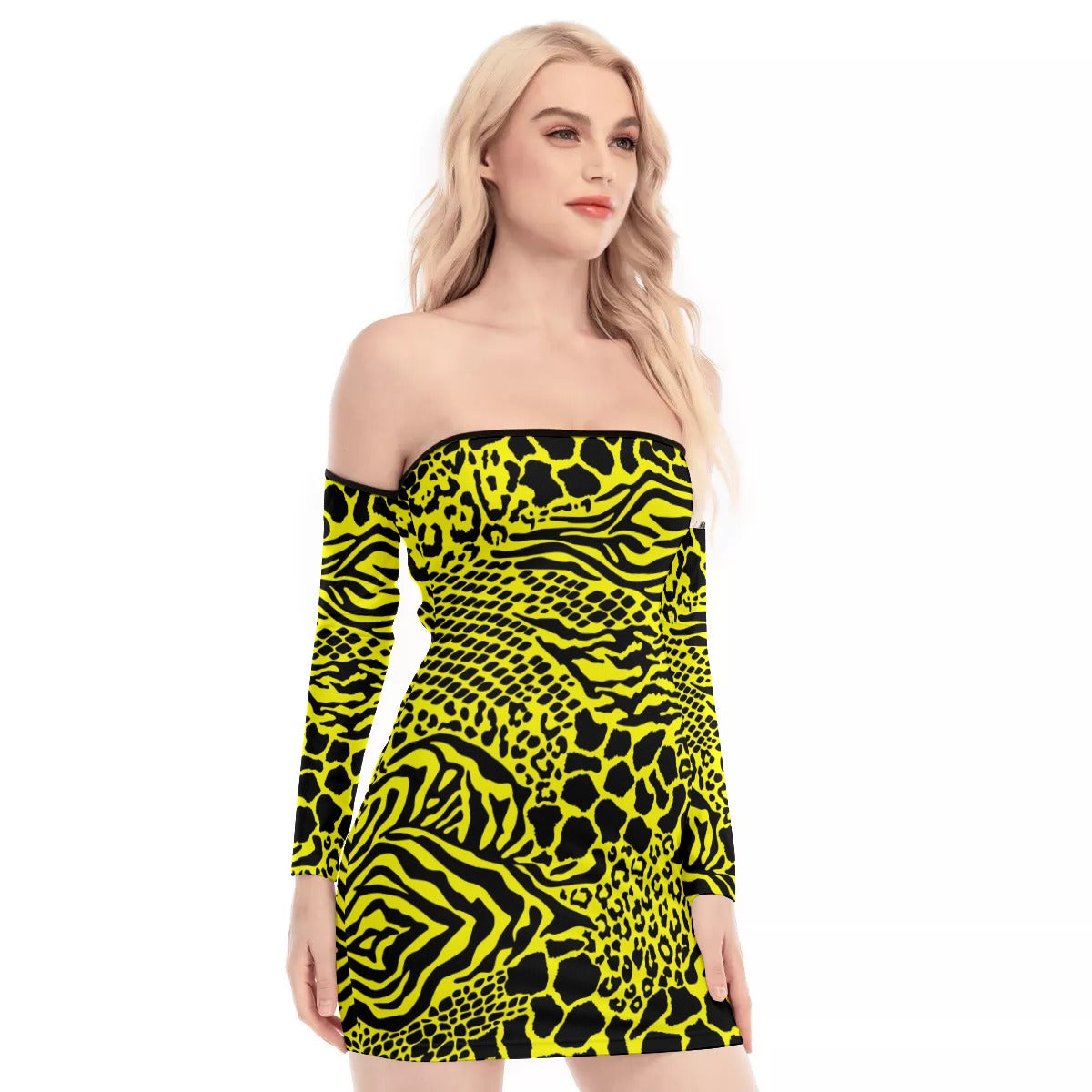 Yellow Bellafonte Animal Print Off-shoulder Back Lace-up Dress