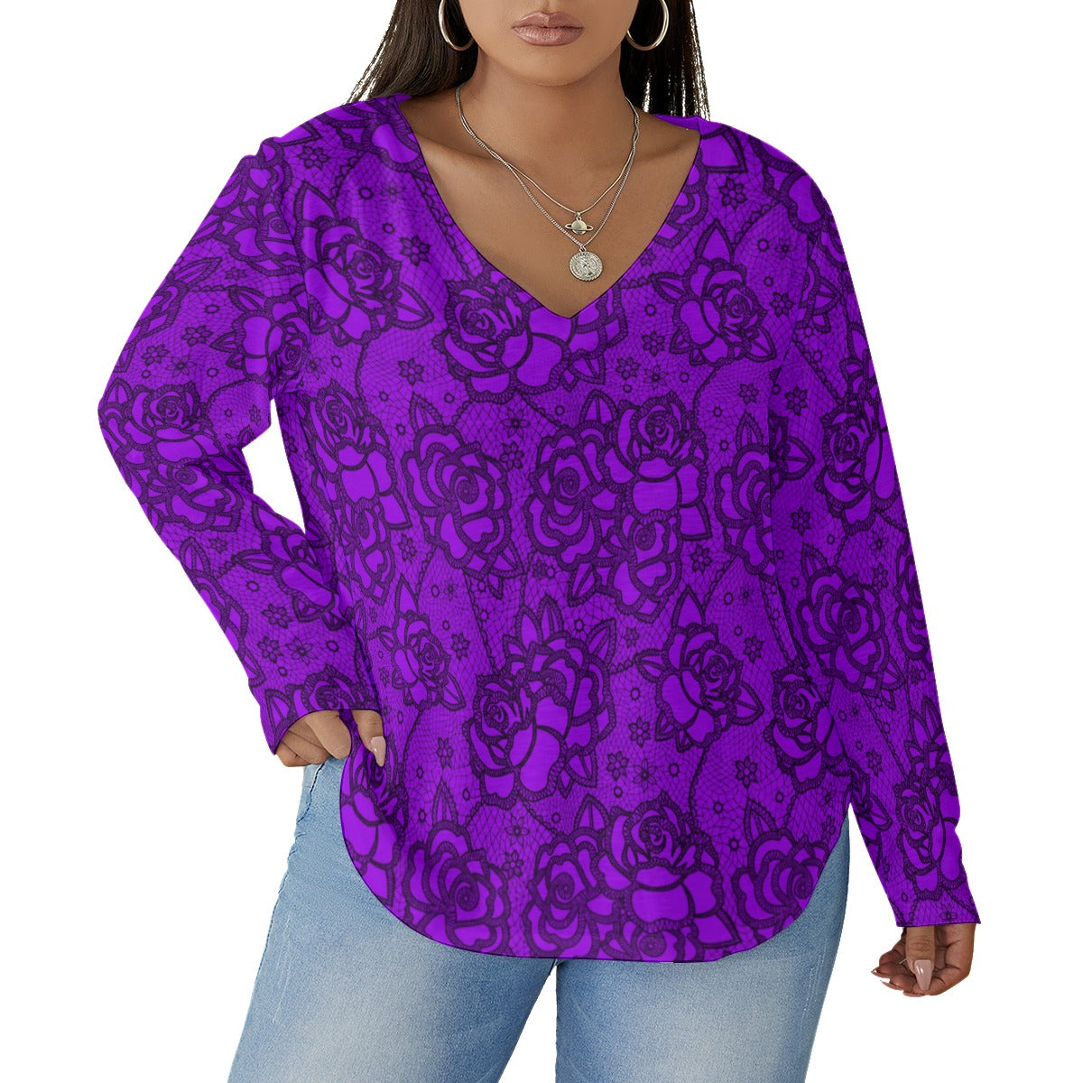 Women's Purple Lace Style Roses V-neck T-shirt With Curved Hem(Plus Size)