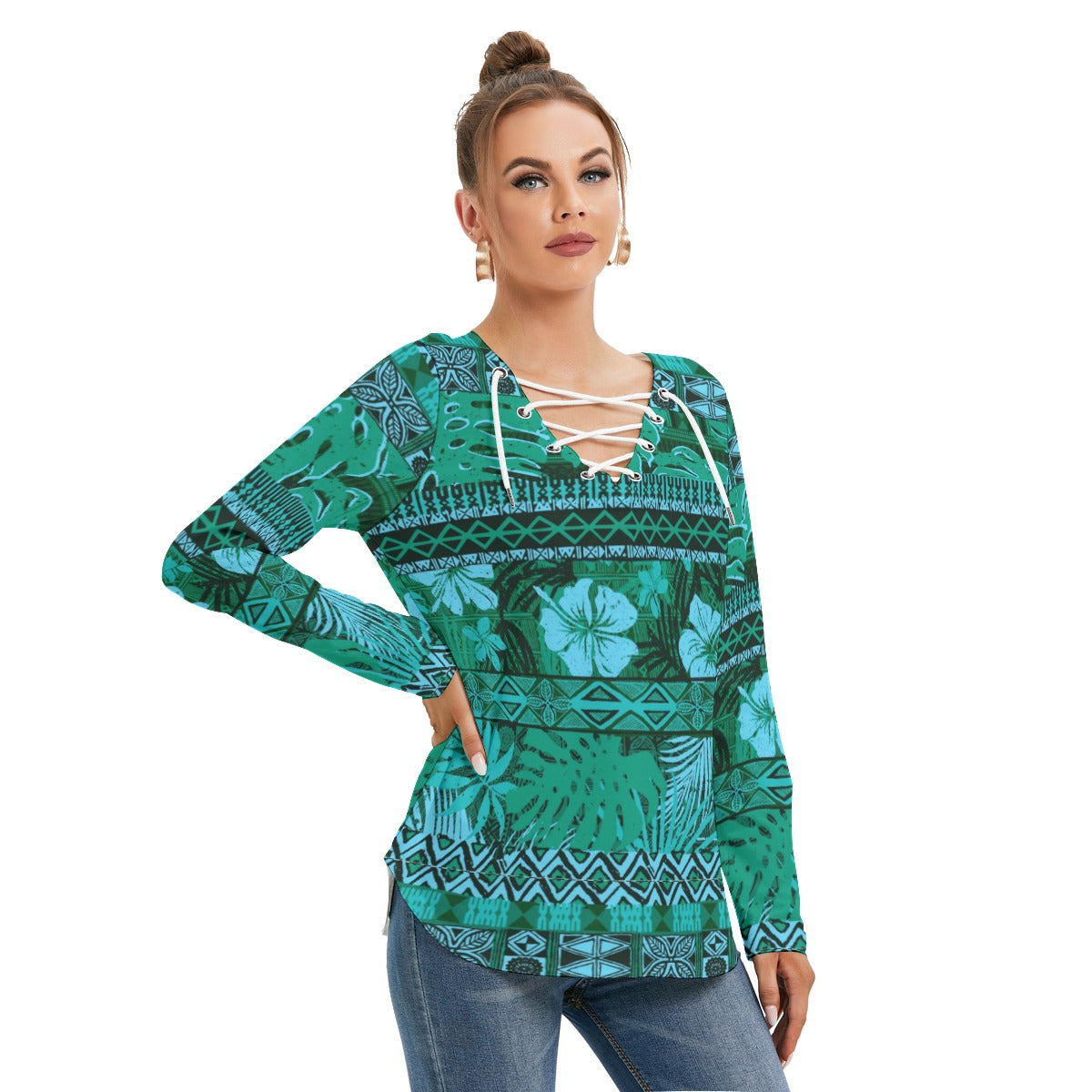 Hawaiian Style Women's Long Sleeve Neckline Tie Sweatshirt