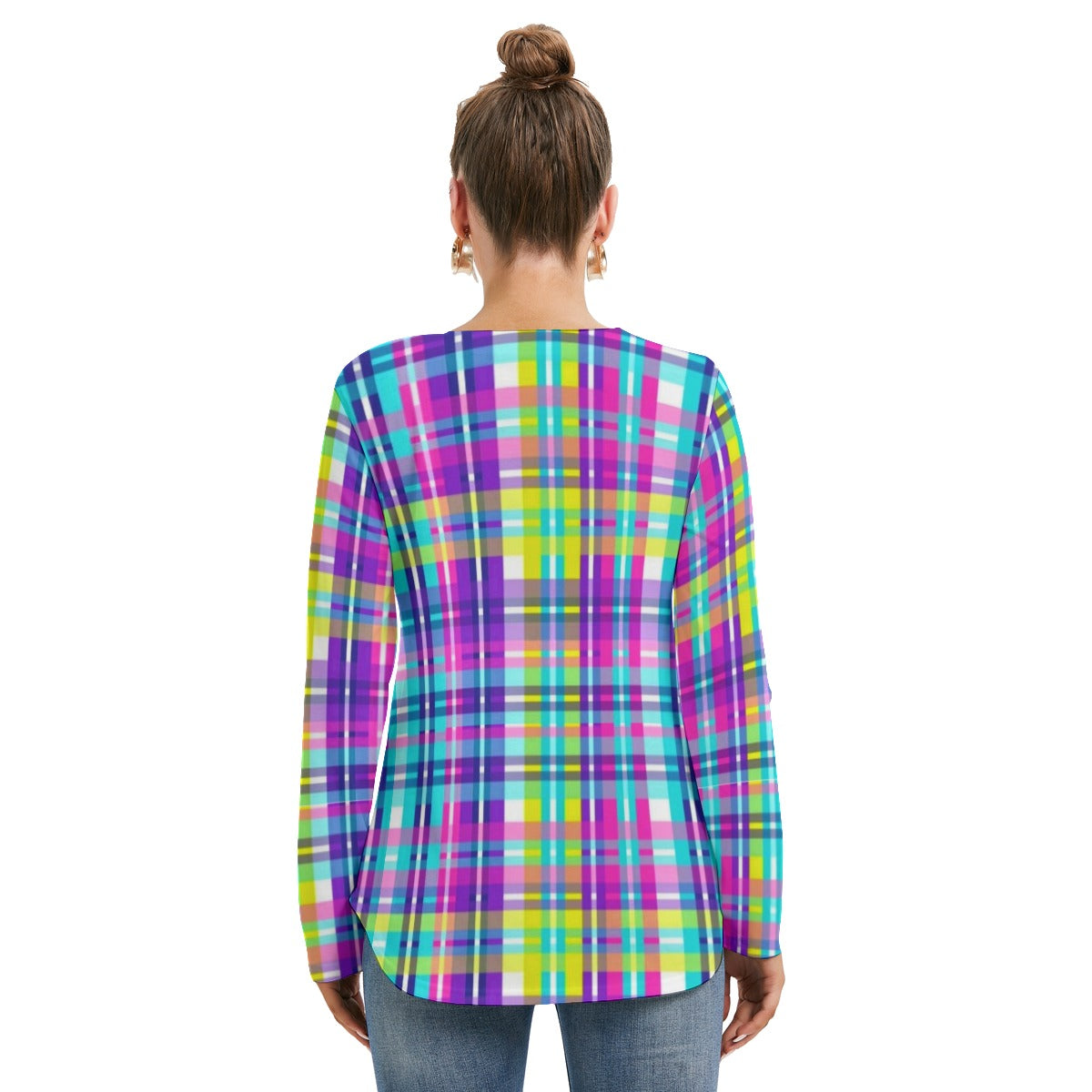 Women's Long Sleeve Colorful Plaid Neckline Tie Sweatshirt