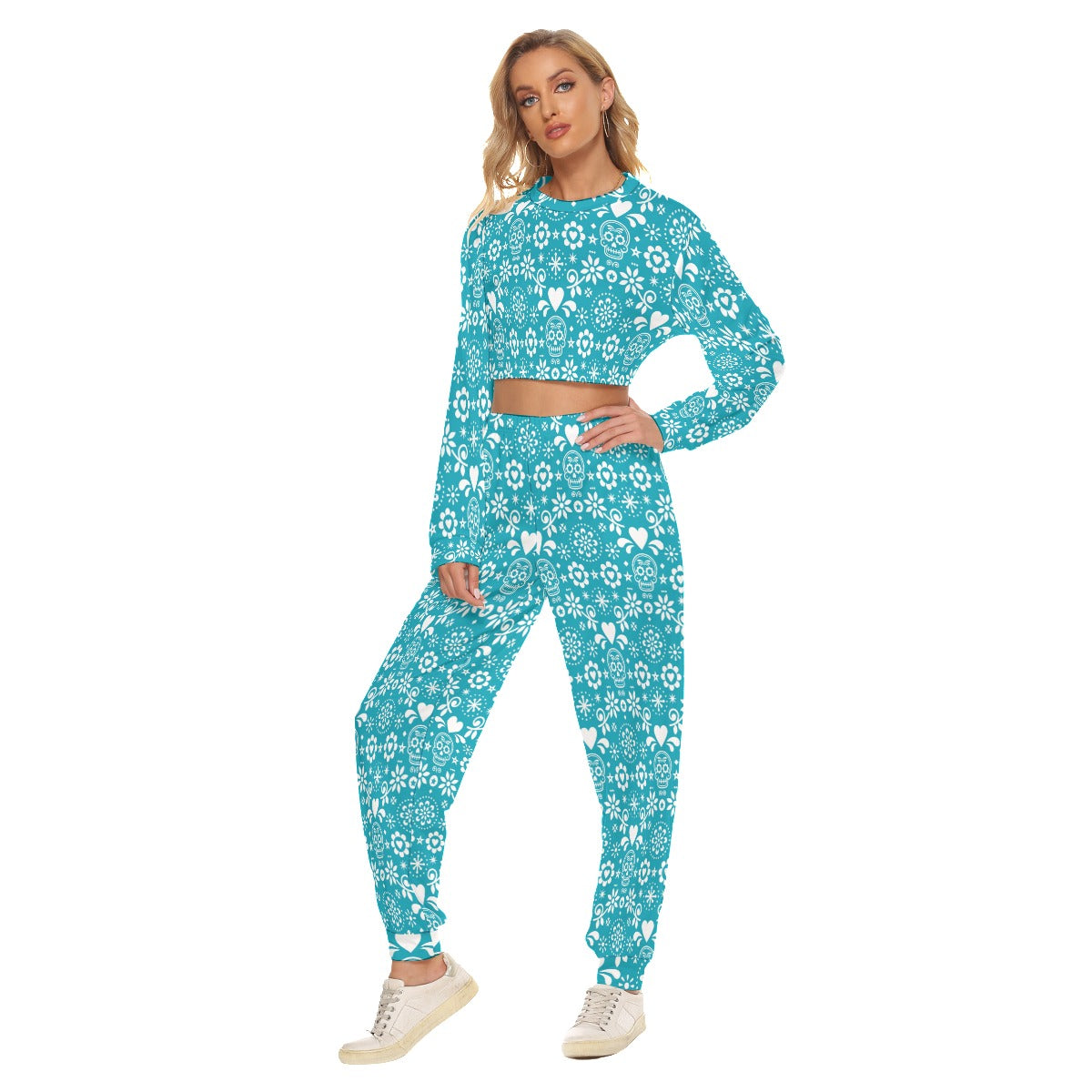 Teal & White Sugar Skulls Women's Crop Sweatshirt Suit