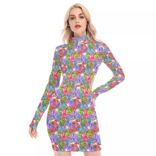 Colorful Flowers Waist Hollow Hip Dress