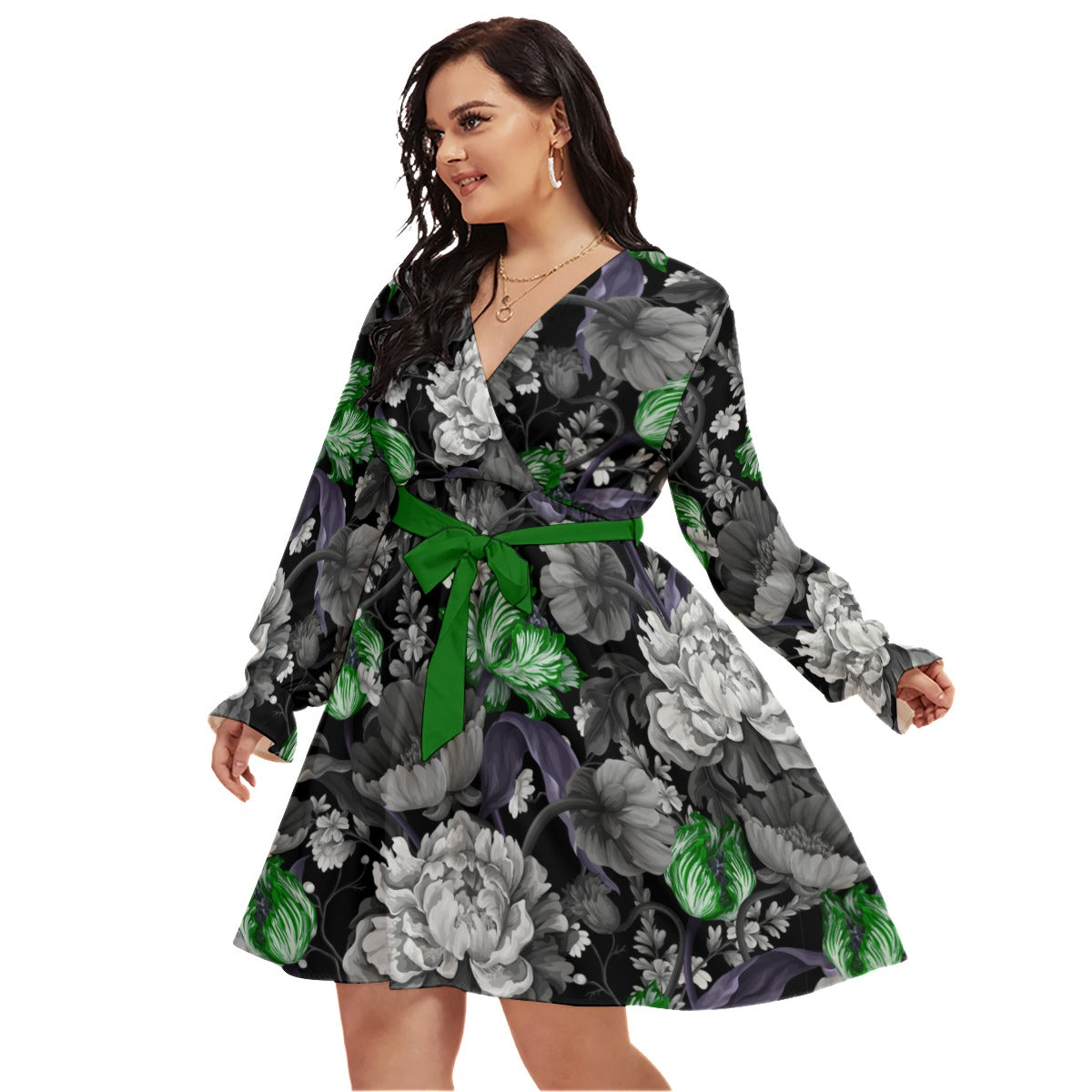 Green Vintage Tulips & Peonies Women's V-neck Dress With Waistband  (Plus Size)