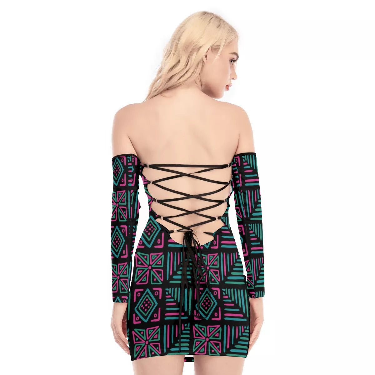 African Style Off-shoulder Back Lace-up Dress