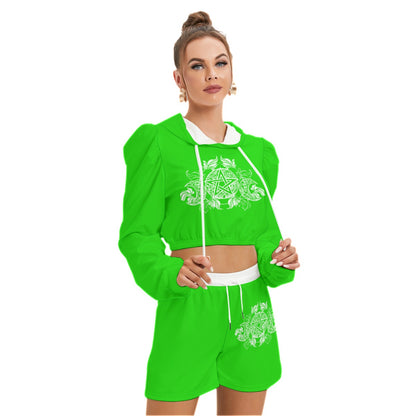 Green & White Pentagram With Leaves Women's Mirco Fleece Hoodie And Shorts Set