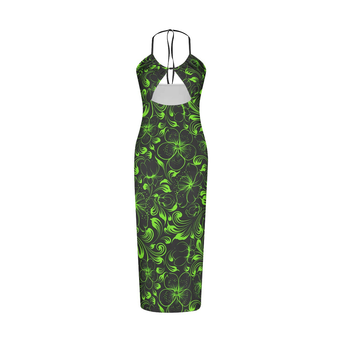 Green With Black Tropical Flowers Women's Sexy Hollow Cami Dress