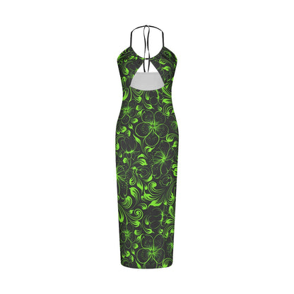 Green With Black Tropical Flowers Women's Sexy Hollow Cami Dress