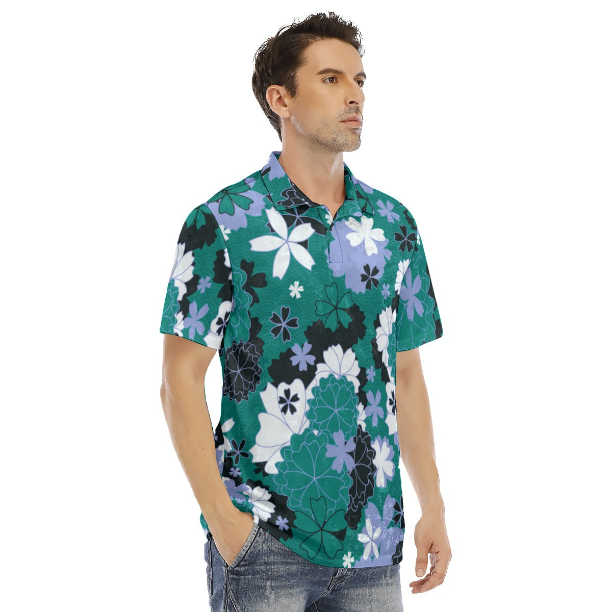 Japanese Style Flowers Men's Polo Shirt | Velvet