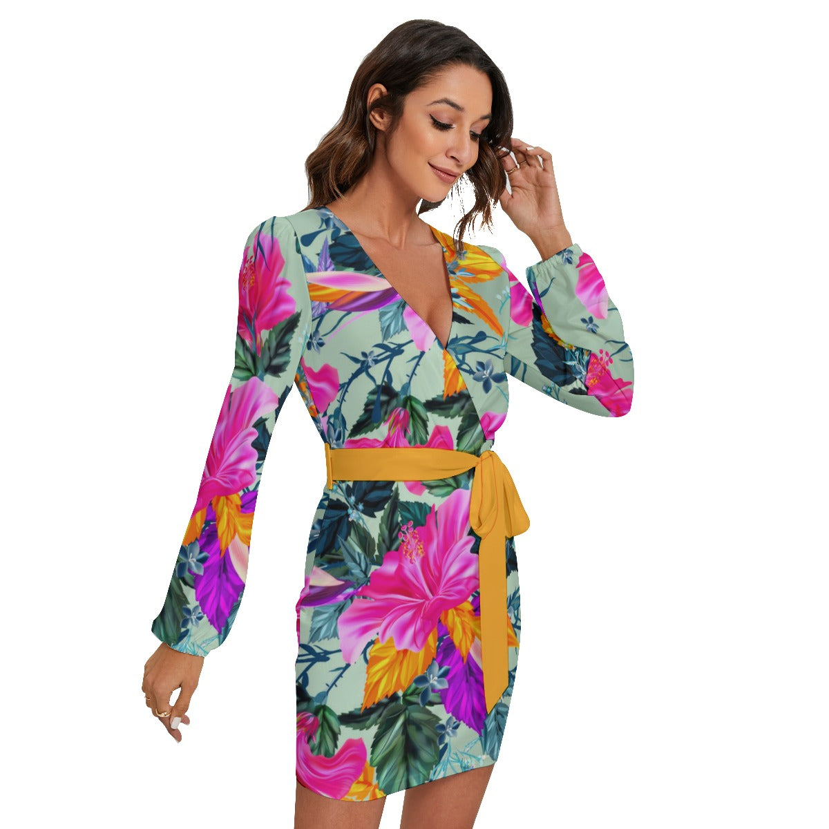 China Flowers Bright Buds Women's Long Sleeve Dress With Waist Belt