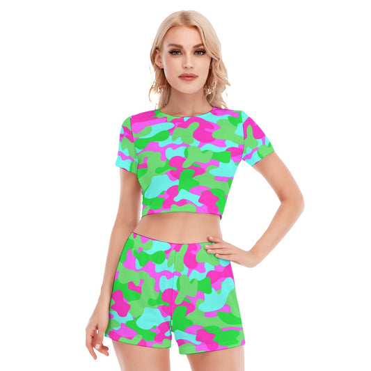 Women's Cute Colorful Camo Short Sleeve Cropped Top Shorts Suit