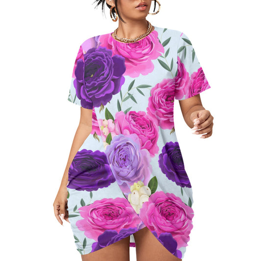 Cute Roses Women’s Stacked Hem Dress With Short Sleeve （Plus Size）