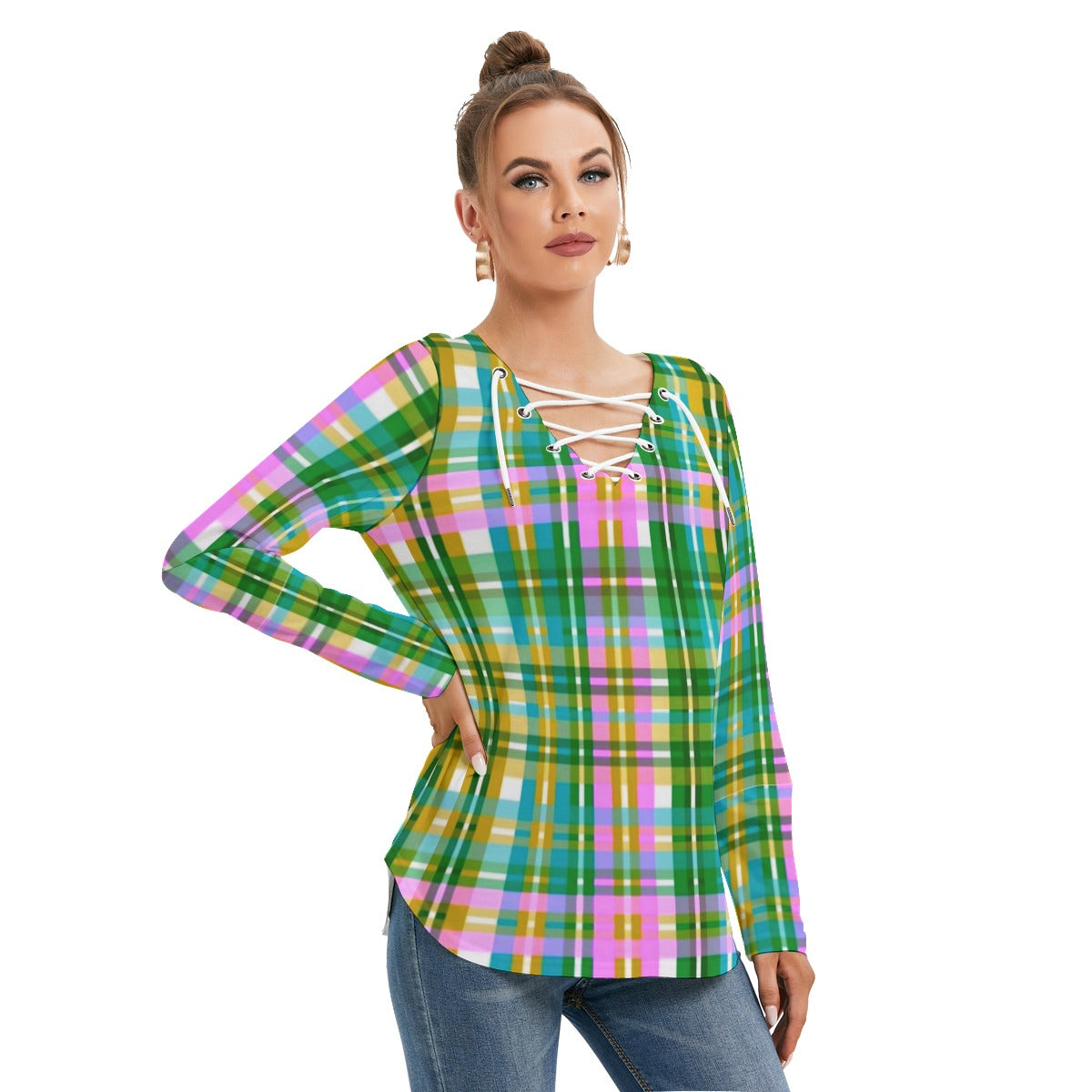 Women's Long Sleeve Colorful Plaid Neckline Tie Sweatshirt