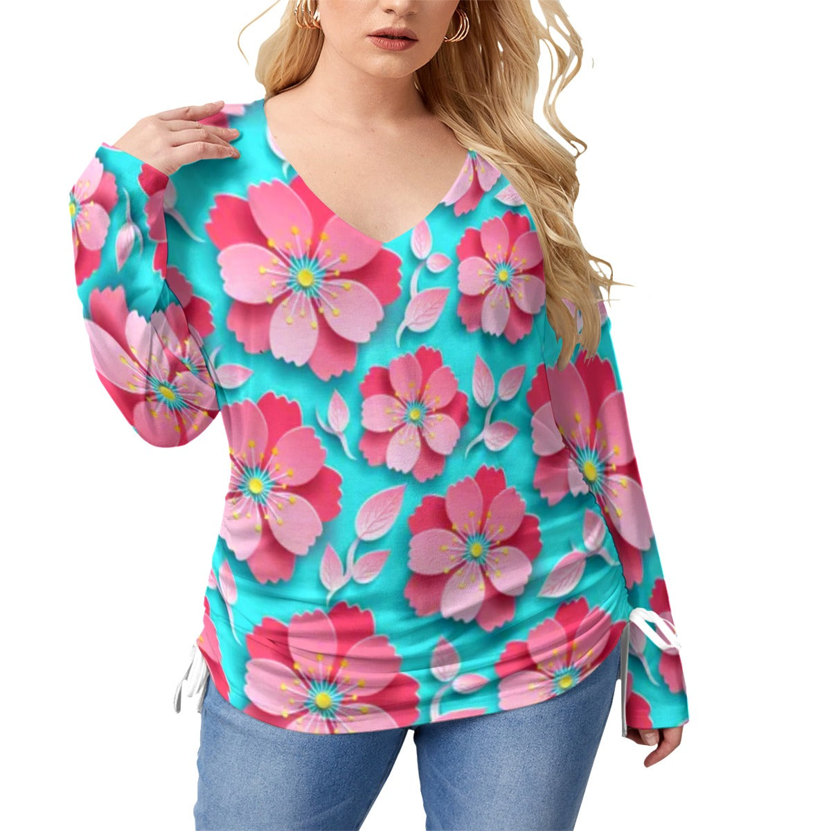 Light Blue With Pink Cherry Blossoms Women’s V-neck T-shirt With Side Drawstring(Plus Size)