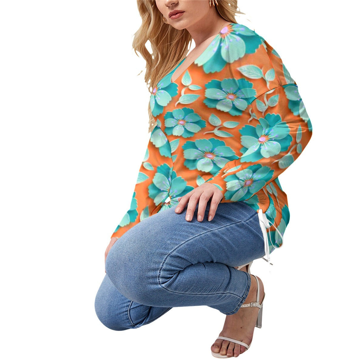 Orange With Light Blue Cherry Blossoms Women’s V-neck T-shirt With Side Drawstring(Plus Size)