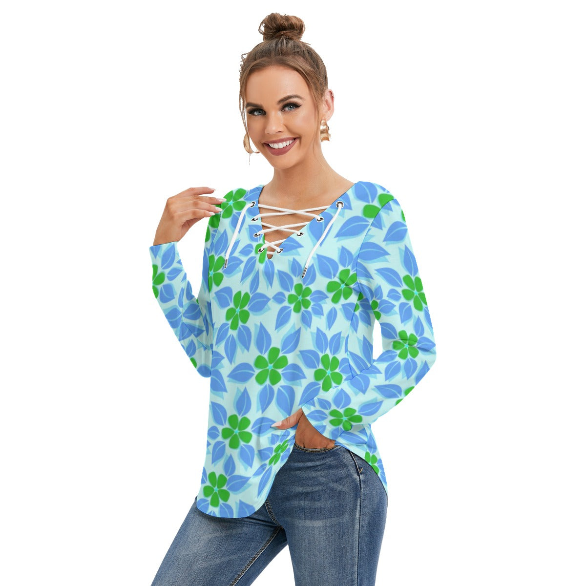 Tropical Flowers Women's Long Sleeve Neckline Tie Sweatshirt