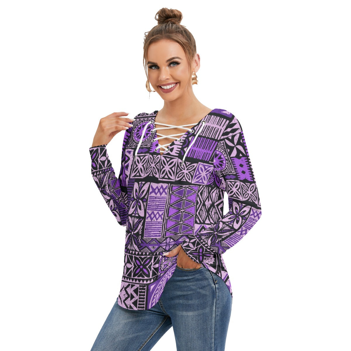 Hawaiian Style Women's Long Sleeve Neckline Tie Sweatshirt