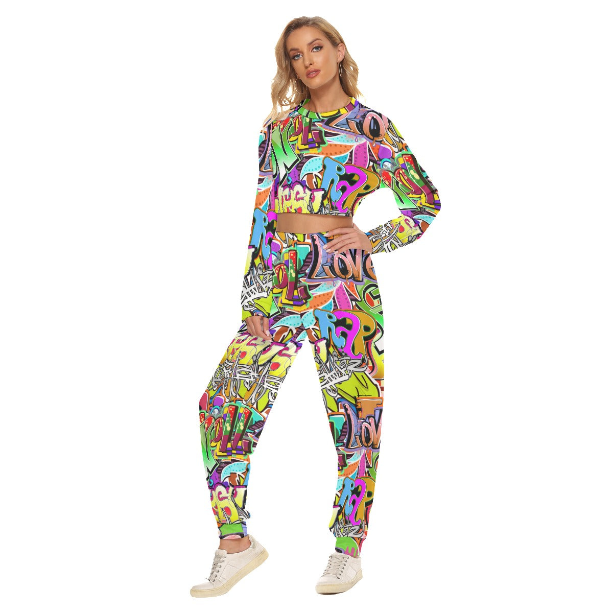 Graffiti Style Women's Crop Sweatshirt Suit