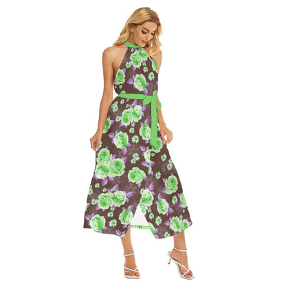 Beautiful Roses Women's Wrap Hem Belted Halter Dress