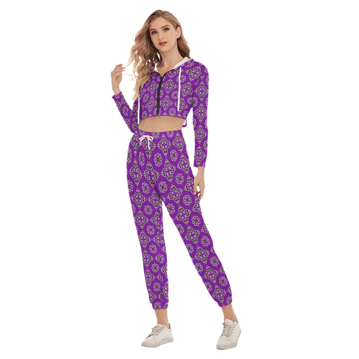 Purple Ethnic Tribal Women's Crop Hoodie Sports Sets