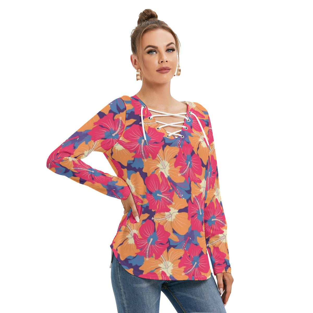 Tropical Flowers Women's Long Sleeve Neckline Tie Sweatshirt