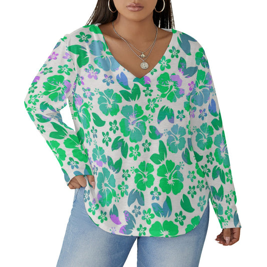 Women's Hawaiian Hibiscus Flowers V-neck T-shirt With Curved Hem(Plus Size)