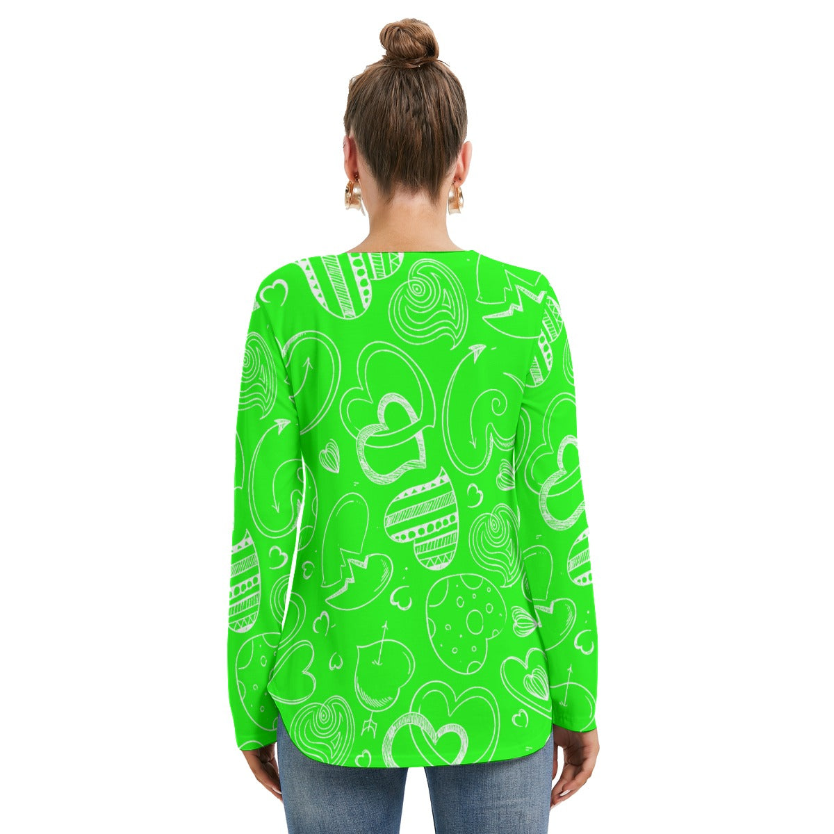 Green With White Doodle Hearts Women's Long Sleeve Neckline Tie Sweatshirt