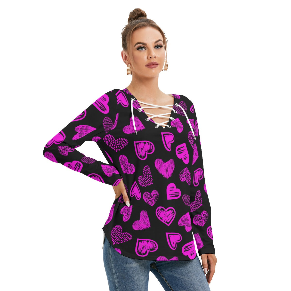 Black With Pink Doodle Hearts Women's Long Sleeve Neckline Tie Sweatshirt