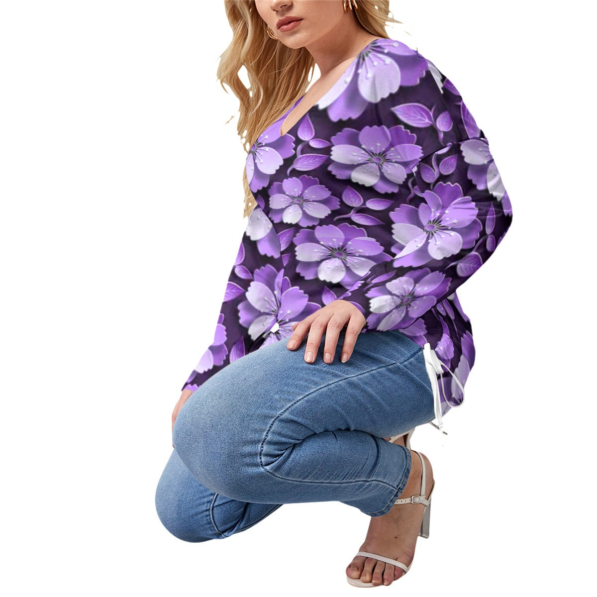 Black With Purple Cherry Blossoms Women’s V-neck T-shirt With Side Drawstring(Plus Size)