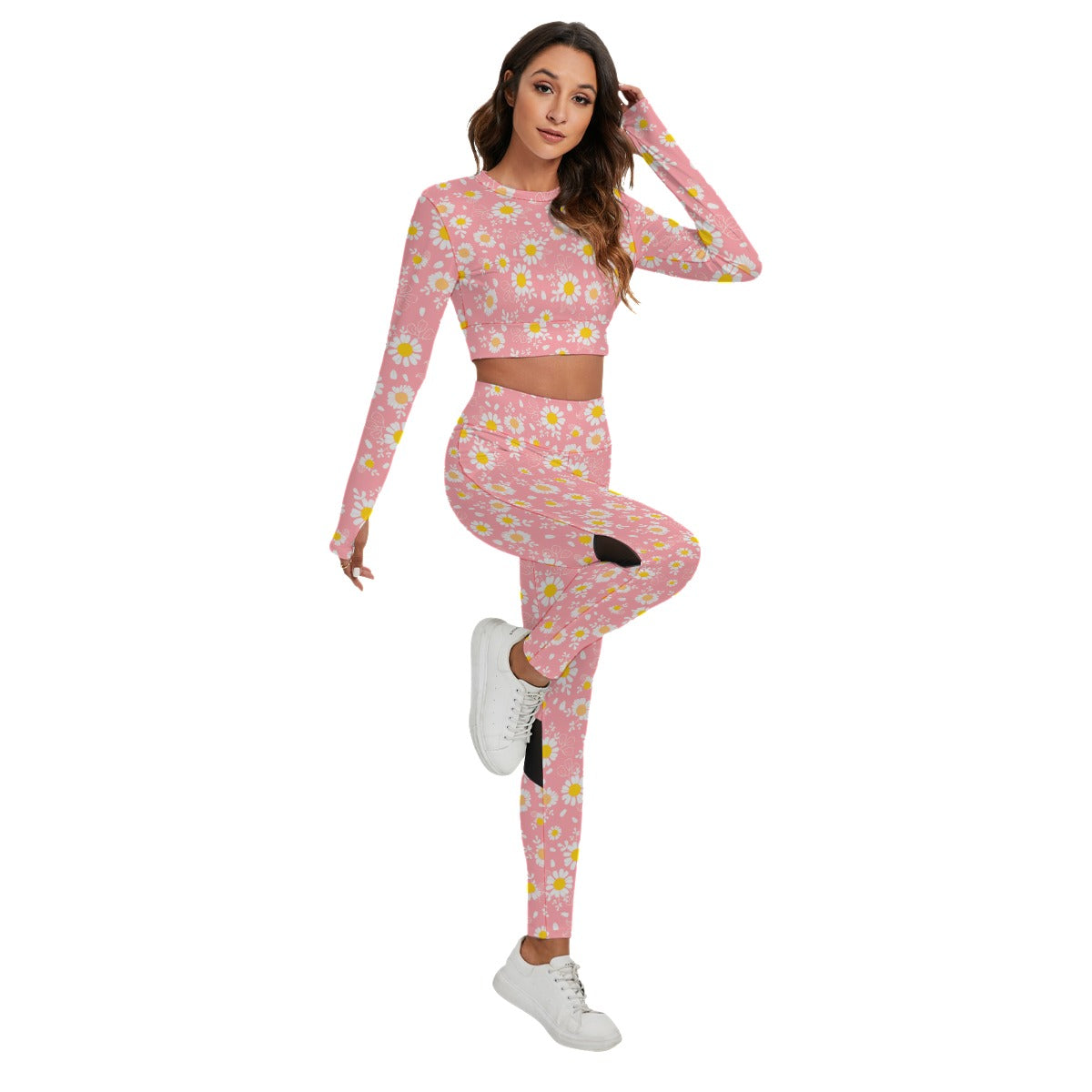 Pink Daisies Women's Sport Set With Backless Top And Leggings