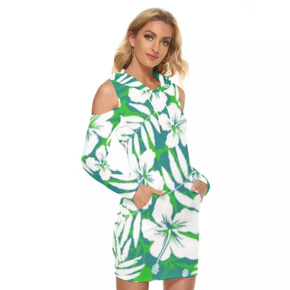 Green & White Tropical Flowers Hooded Tight Dress