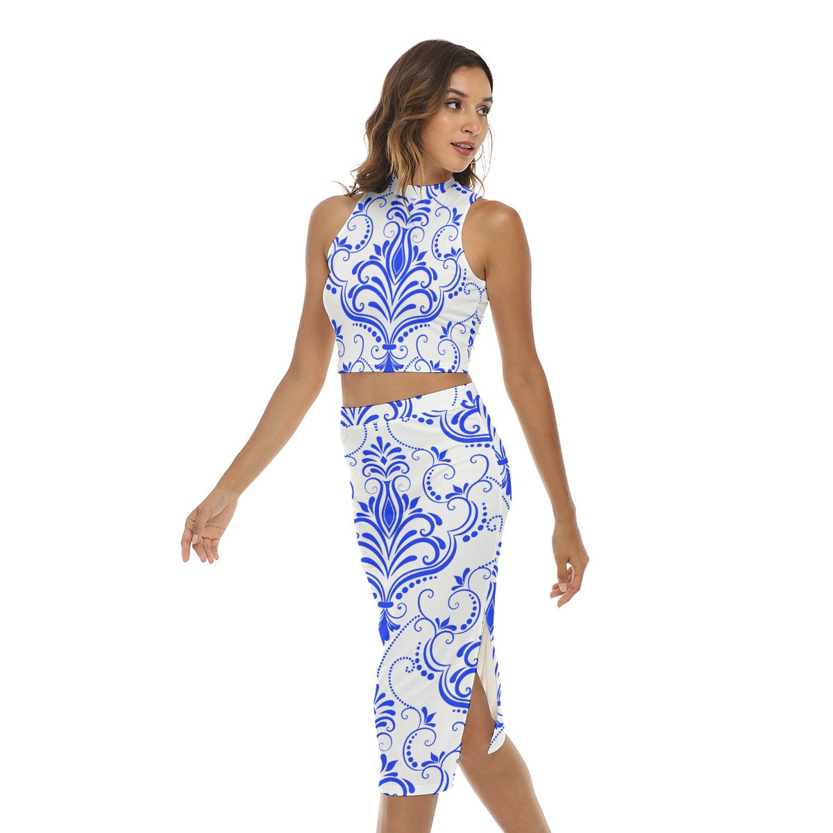 Blue With White Vintage Flowers Women's Tank Top & Split High Skirt Set