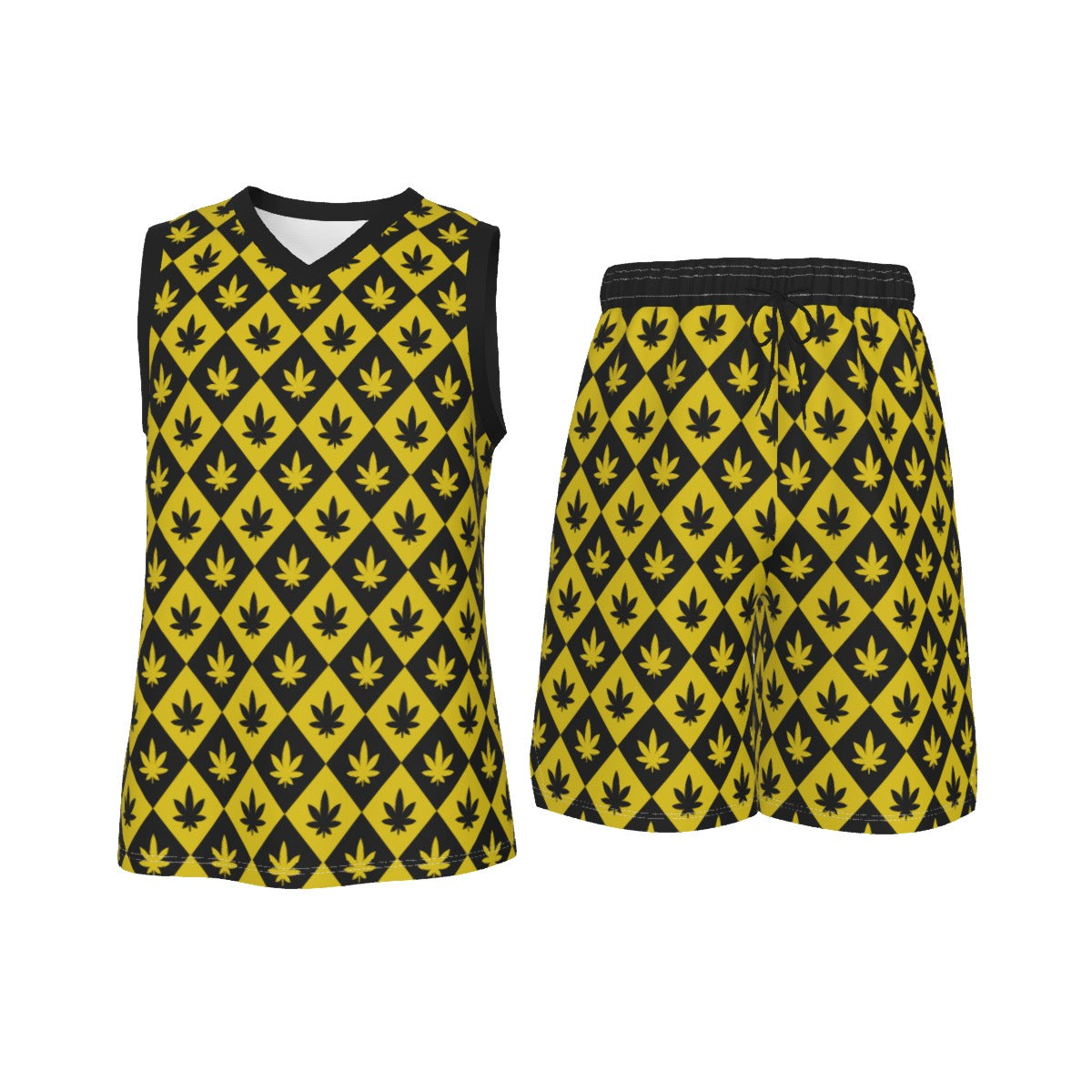 Black & Yellow Stoners Only Weed Leaf Checker Board Men's V Neck Basketball Suit